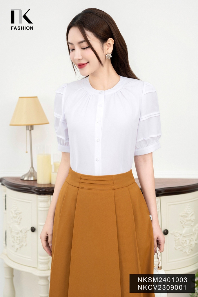 NK Fashion Áo Sơ Mi Cổ Tàu Tròn Mí Tay Nữ Tính, Cách Điệu NKSM2401003