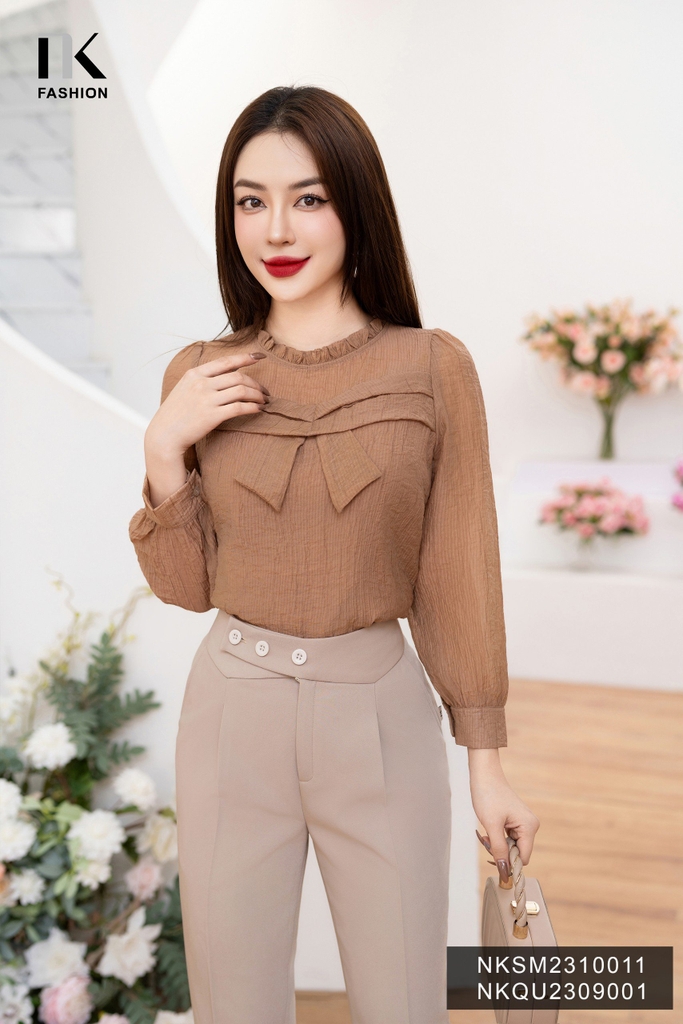 NK Fashion Sơ Mi Bèo Cổ  Xếp Ngực Vạt Nơ Thanh Lịch, Nữ Tính NKSM2310011