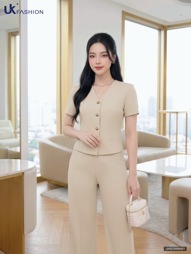 Bộ đồ quần ống đứng + áo cổ tim cúc đồng UKBD2606001 ( Cả set )