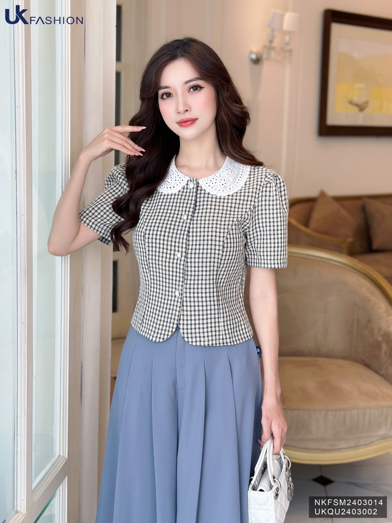 Sơ mi kẻ phối cổ ren điệu đà, nữ tính, dễ thương NKFSM2403014
