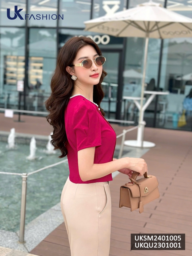 Áo sơ mi Croptop bấu mí kẻ ren cổ Uk Fashion, thời trang công sở cao cấp, chất liệu lụa, không nhăn UKSM2401005