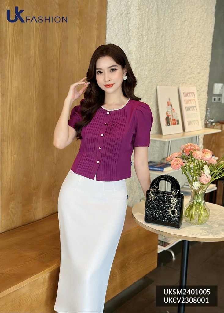 Áo sơ mi Croptop bấu mí kẻ ren cổ Uk Fashion, thời trang công sở cao cấp, chất liệu lụa, không nhăn UKSM2401005