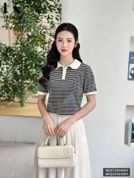 NK Fashion Áo Thun Kẻ Sọc Phối Cổ Thoải Mái, Nữ Tính NKAT2404004