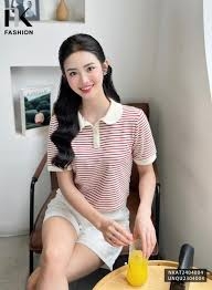 NK Fashion Áo Thun Kẻ Sọc Phối Cổ Thoải Mái, Nữ Tính NKAT2404004