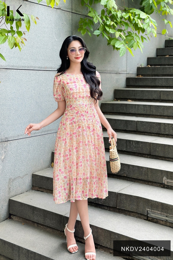 NK Fashion Đầm Hoa Xếp Ngực Tay Bồng Thướt Tha, Thời Trang, Nữ Tính NKDV2404004