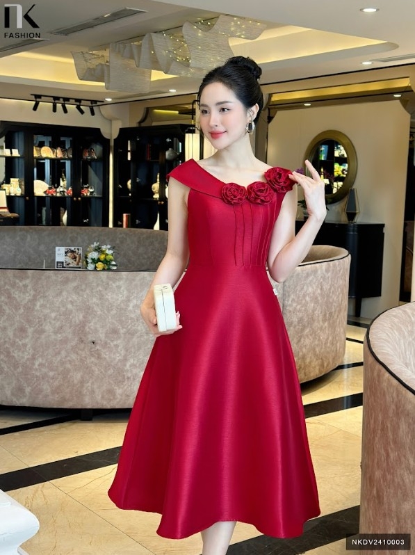 Đầm Dự Tiệc Bấu mí hoa 3D Tinh Tế NK Fashion Dày Dặn Đứng Form Chuẩn Thanh Lịch NKDV2410003