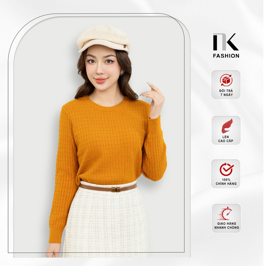 NK Fashion Áo Len Cổ Tròn Vân O, Dáng Suông, Tay Dài, Thời Trang NKFAL2312002