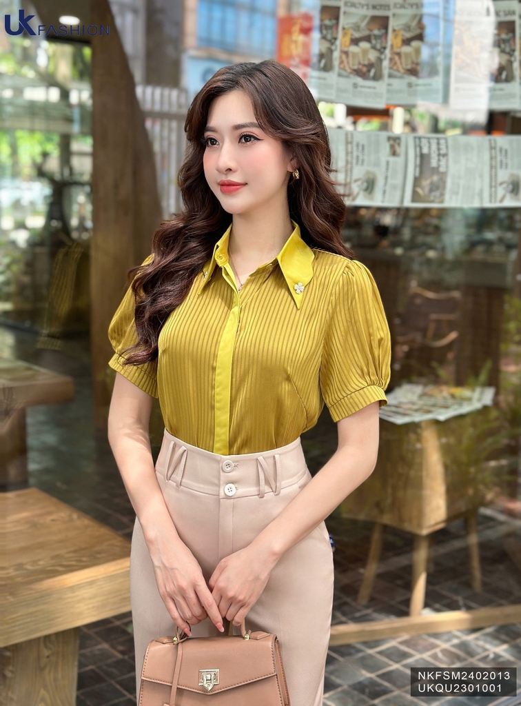NK Fashion Sơ mi kẻ lụa phối cổ lịch sự, sang xịn NKFSM2402013