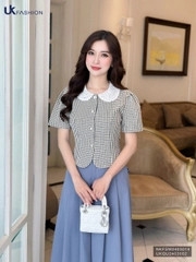 Sơ mi kẻ phối cổ ren điệu đà, nữ tính, dễ thương NKFSM2403014