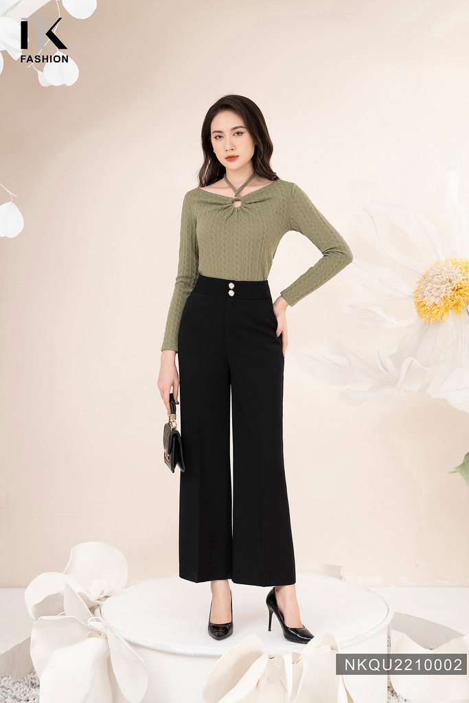 NK Fashion Quần Ống Rộng Công Sở Đính Cúc Đồng Chất Liệu Nhập Hàn Siêu Mềm Mịn, Chống Nhăn Xù NKQU2210002