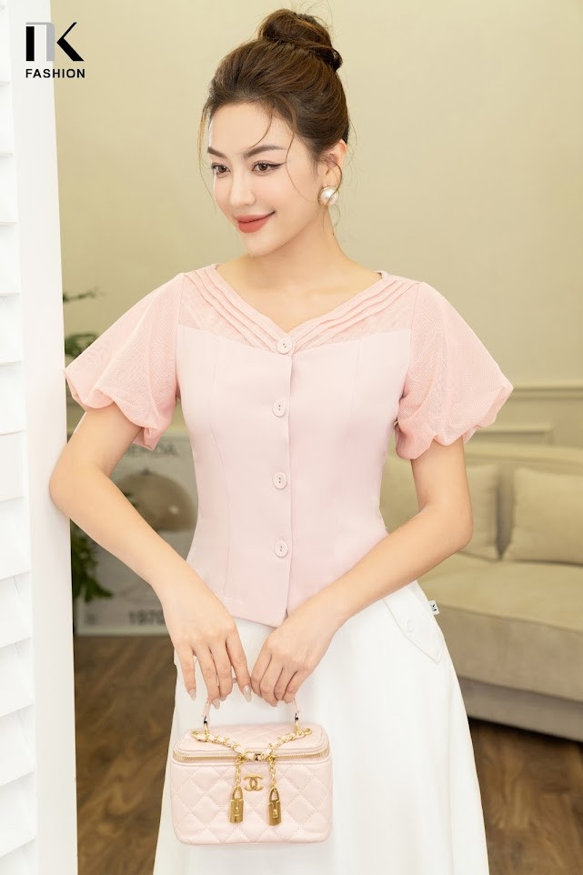 NK FASHION Áo Sơ Mi Dáng Ôm Phối Lưới Tay NKSM2306003