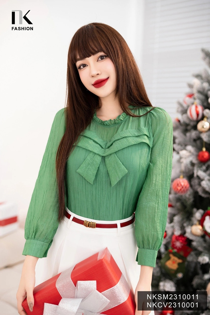 NK Fashion Sơ Mi Bèo Cổ  Xếp Ngực Vạt Nơ Thanh Lịch, Nữ Tính NKSM2310011