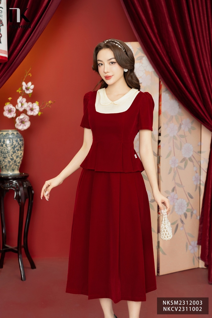 NK Fashion Áo Sơ Mi Nhung Phối Cổ, Sang Trọng, Thanh Lịch NKSM2312003