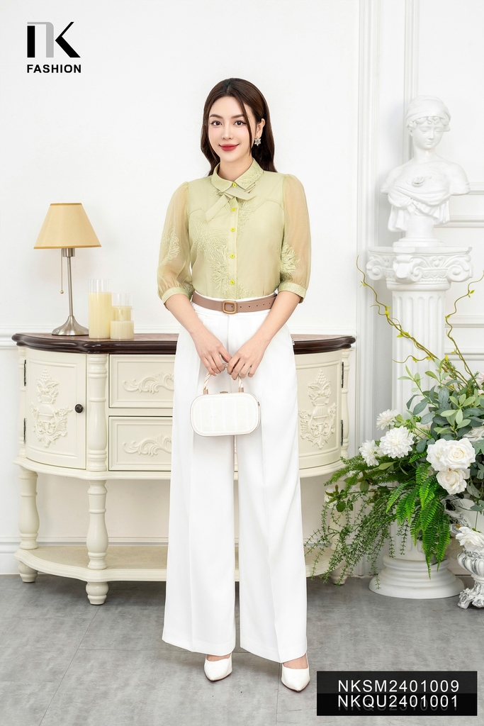 NK Fashion Áo Sơ Mi Cổ Đức Thêu Hoa Nơ Phối Cổ Nữ Tính, Thanh Lịch, Trẻ Trung NKSM2401009