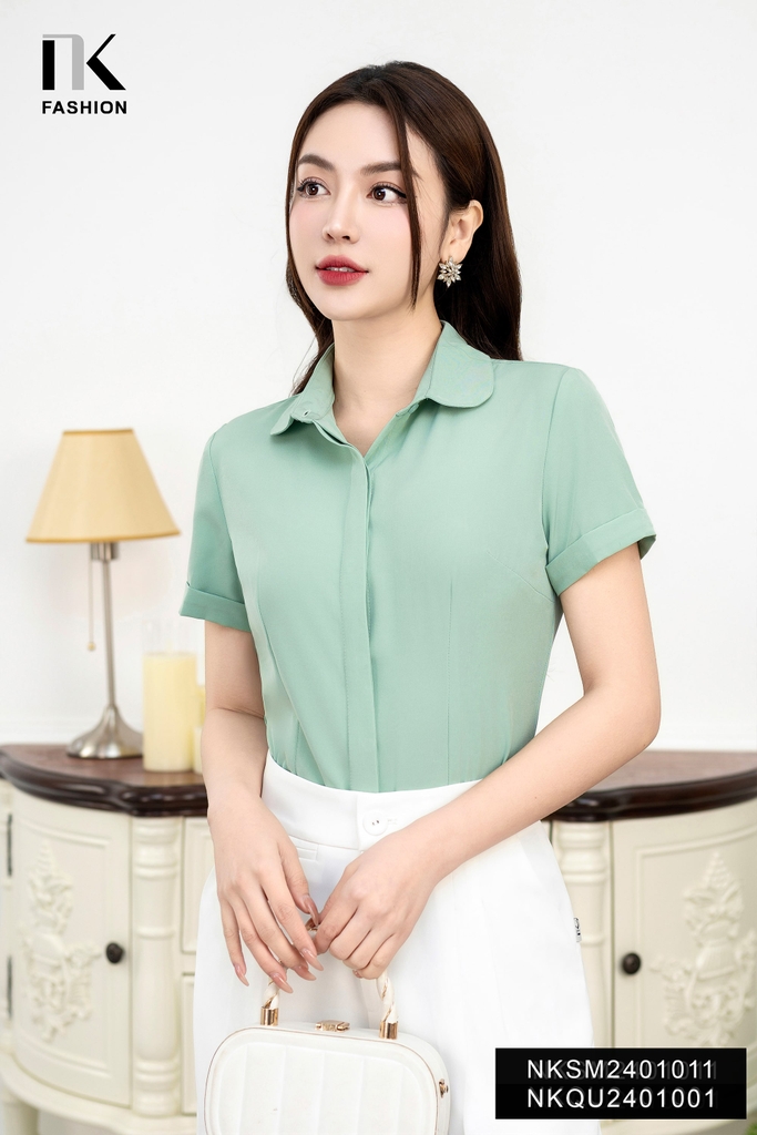 Áo Sơ Mi Cổ Sen Tròn Tay Cộc, Thanh Lịch NKSM2401011