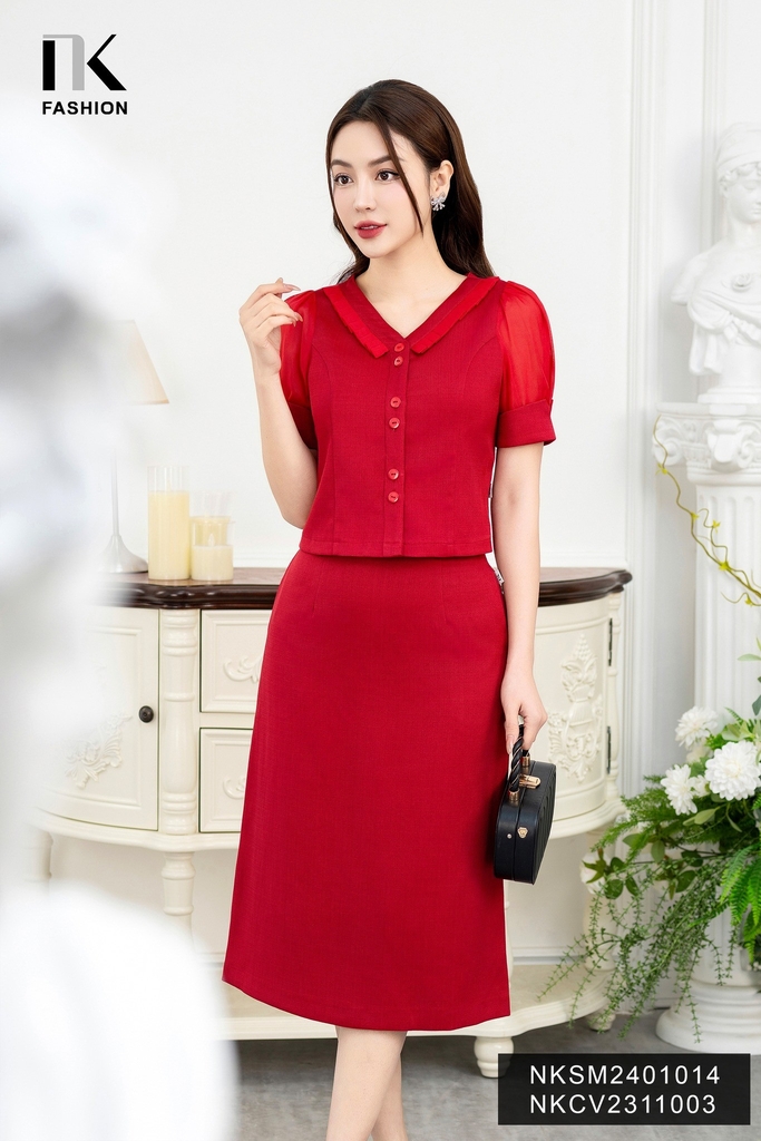 NK Fashion Áo Sơ Mi Cổ V Bèo Xếp Phối Tay Thanh Lịch, Nữ Tính NKSM2401014