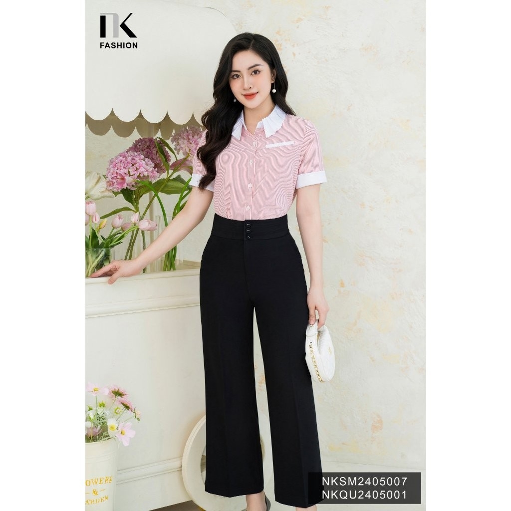 Áo Sơ Mi Kẻ Cổ Xếp NK Công Sở Nữ Thanh Lịch Vải Mềm Mịn NKSM2405007