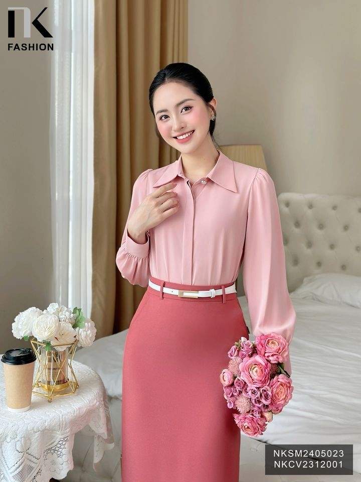 Áo Sơ Mi Dài Tay Lá Cổ Nhọn NK Fashion Công Sở Nữ Thanh Lịch, Vải Mềm Mịn NKSM2405023