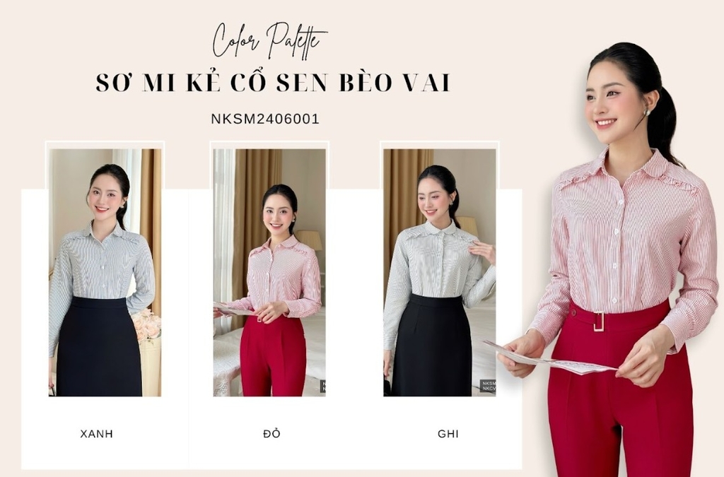 Sơ mi kẻ cổ sen bèo vai lịch sự, mới lạ, xinh xắn NKSM2406001