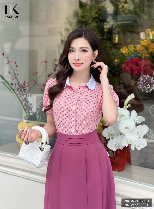 Áo Sơ Mi Cộc Tay Hoạ Tiết Phối Cổ NK Fashion Công Sở Nữ Thanh Lịch Vải Mềm Mịn NKSM2406008