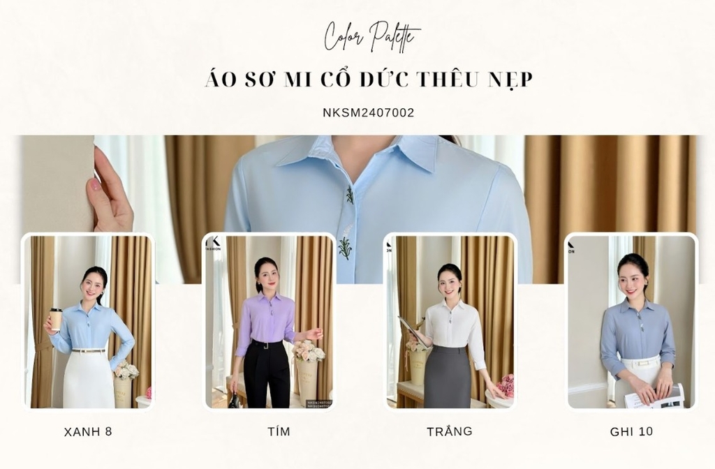 Áo Sơ Mi Cổ Đức Thêu Nẹp NK Fashion Công Sở Nữ Thanh Lịch Vải Mềm Mịn NKSM2407002