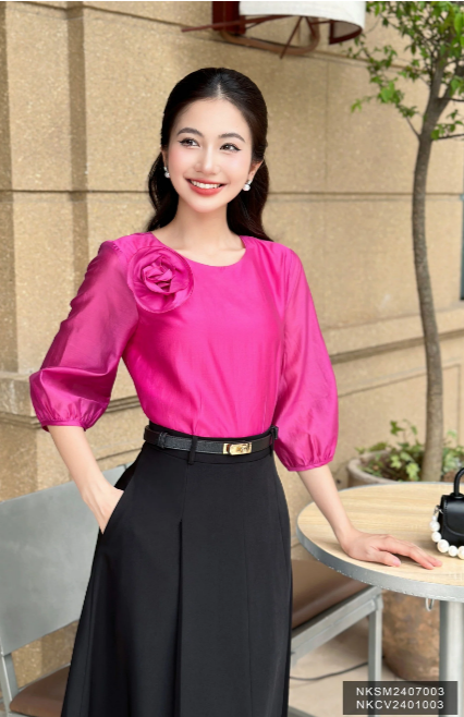 Áo Tơ Hoa Ngực Tay Lỡ NK Fashion Công Sở Nữ Thanh Lịch, Vải Mềm Mịn NKSM2407003