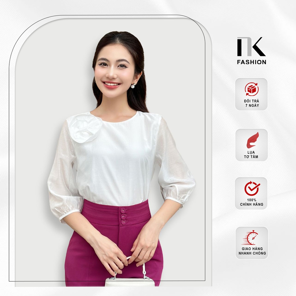 Áo Tơ Hoa Ngực Tay Lỡ NK Fashion Công Sở Nữ Thanh Lịch, Vải Mềm Mịn NKSM2407003