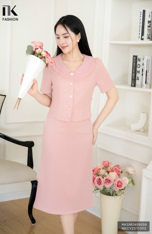 Áo Sơ Mi Cổ Sen Kép Phối Tơ NKSM2408009 ( ko kèm CV + PK)