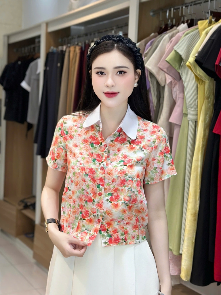 Sơ mi hoa cổ sen phối súp gấu rực rỡ, năng động NKSM2506006