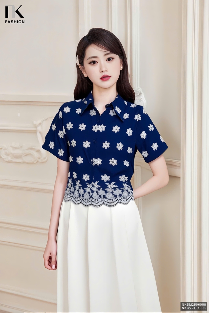 Sơ mi cổ đức dệt chân nổi xinh, điệu, sẵn sàng lên đồ
