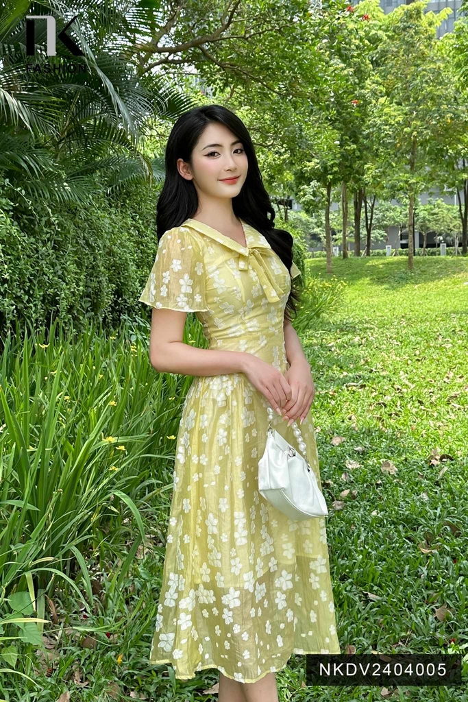 NK Fashion Đầm hoa nơ cổ tay bồng NKDV2404005 xinh xắn, kiểu dáng và phong cách mới, điệu đà nữ tính