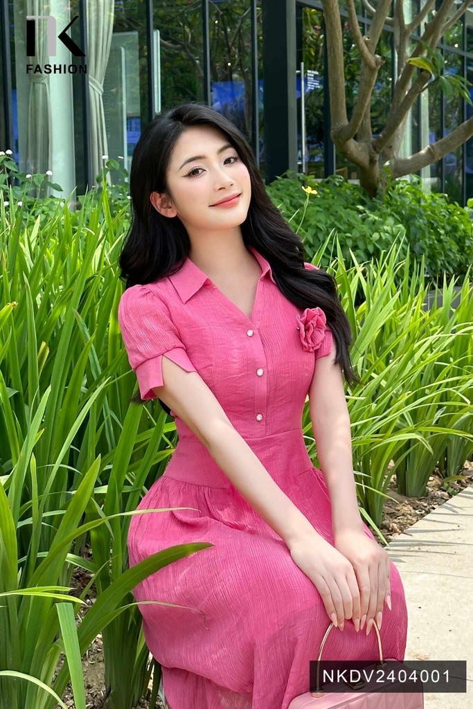 Đầm cổ đức hoa ngực NKDV2404001 nữ tính nhẹ nhàng, hợp thời trang nữ