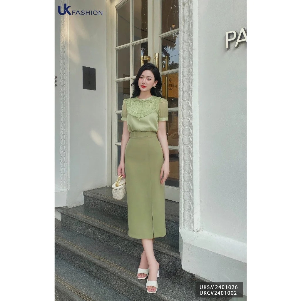 Chân váy bút chì xẻ trước UK fashion dáng dài qua gối,chất liệu mềm mịn, thiết kế công sở cao cấp UKCV2401002