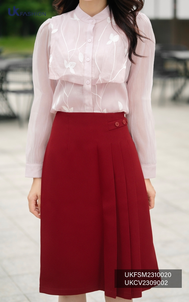 Áo Sơ Mi Tơ dãy hoa dập ngực Dài Tay UK Fashion Công Sở Nữ, Thanh Lịch, Thiết Kế Hàn, Chất vải mịn cao cấp UKFSM2310020