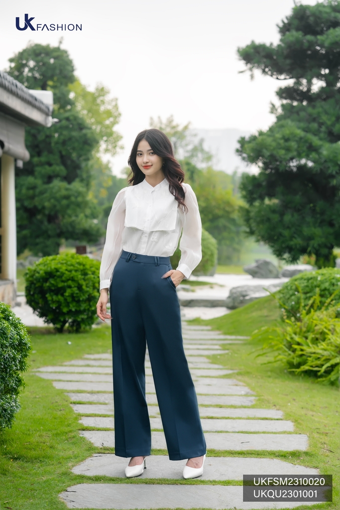 Áo Sơ Mi Tơ dãy hoa dập ngực Dài Tay UK Fashion Công Sở Nữ, Thanh Lịch, Thiết Kế Hàn, Chất vải mịn cao cấp UKFSM2310020