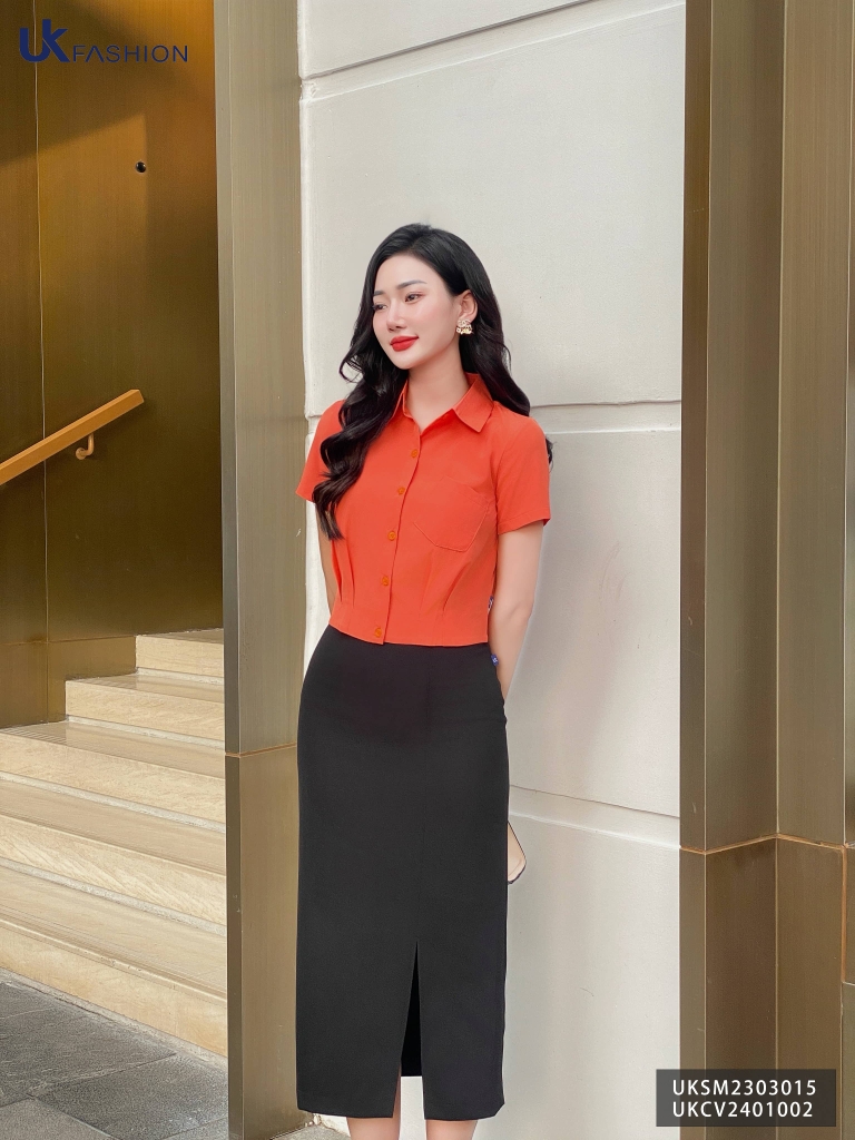 Chân váy bút chì xẻ trước UK fashion dáng dài qua gối,chất liệu mềm mịn, thiết kế công sở cao cấp UKCV2401002