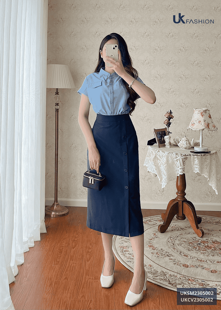 Áo Sơ Mi Cổ Tàu Vai Chờm UKSM2305002 NK Fashion Thời Trang Công Sở Nữ, Kiểu Dáng Hàn, Trẻ Trung Năng Động, Vải Mát