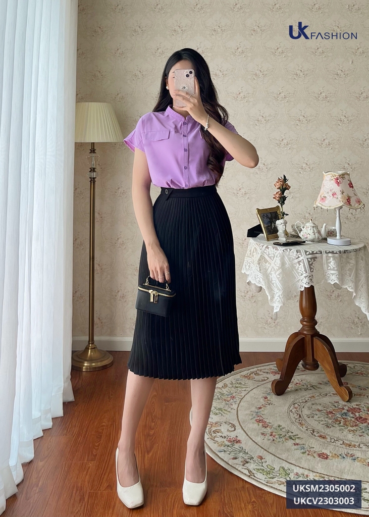 Áo Sơ Mi Cổ Tàu Vai Chờm UKSM2305002 NK Fashion Thời Trang Công Sở Nữ, Kiểu Dáng Hàn, Trẻ Trung Năng Động, Vải Mát