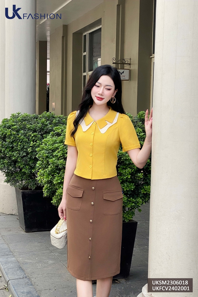 Chân váy chữ A túi ốp cúc dọc thân UK Fashion, váy qua gối công sở, basic phù hợp đi làm đi chơi UKFCV2402001