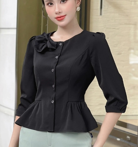 Áo sơ mi cổ tròn nhún eo UK Fashion Chất Vải Mềm Mịn Thoáng Mát Phù Hợp Đi Làm Đi Chơi UKSM2307006