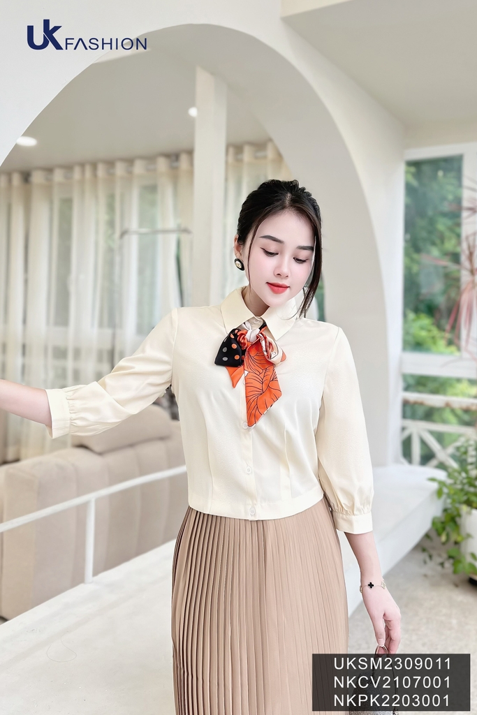 Áo Sơ Mi nữ UK Fashion cổ đức tay lỡ chất liệu lụa không nhăn UKSM2309011