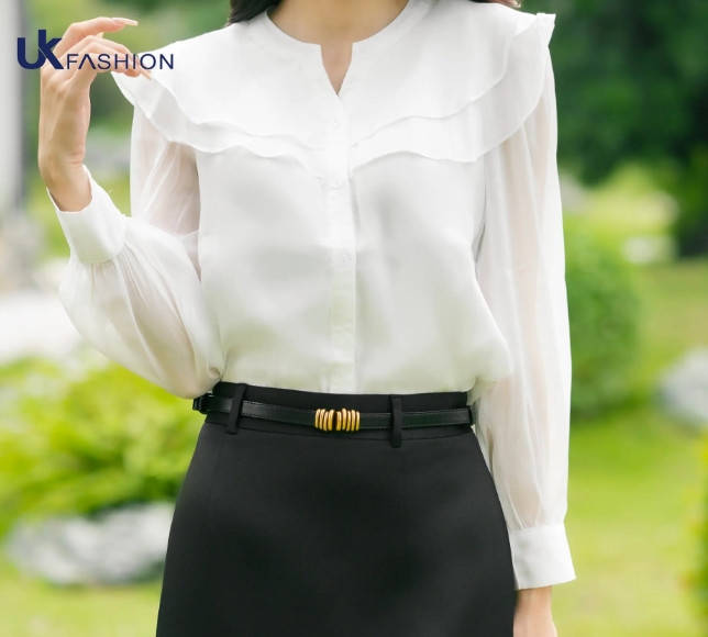 Sơ Mi Cổ Tàu V Bèo Kẹp Tay Dài UKSM2309017 NK Fashion Thời Trang Công Sở Nữ Thanh Lịch, Nữ Tính, Phối đồ đa dạng