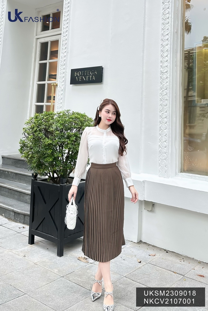 Áo Sơ Mi Tơ Xếp Ngực Kép NK Fashion Cao Cấp, Tơ Lụa Mềm Mại UKSM2309018