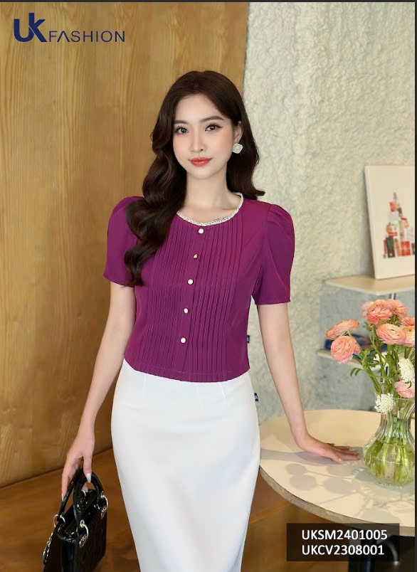 Áo sơ mi Croptop bấu mí kẻ ren cổ Uk Fashion, thời trang công sở cao cấp, chất liệu lụa, không nhăn UKSM2401005