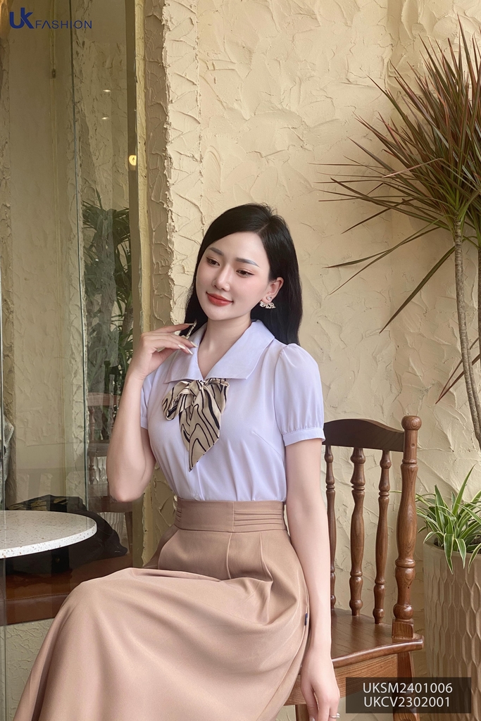 Áo sơ mi cổ nhẵn tay phồng UK Fashion, chất liệu mát, không nhăn, thấm hút mồ hôi, thời trang nữ, công sở UKSM2401006