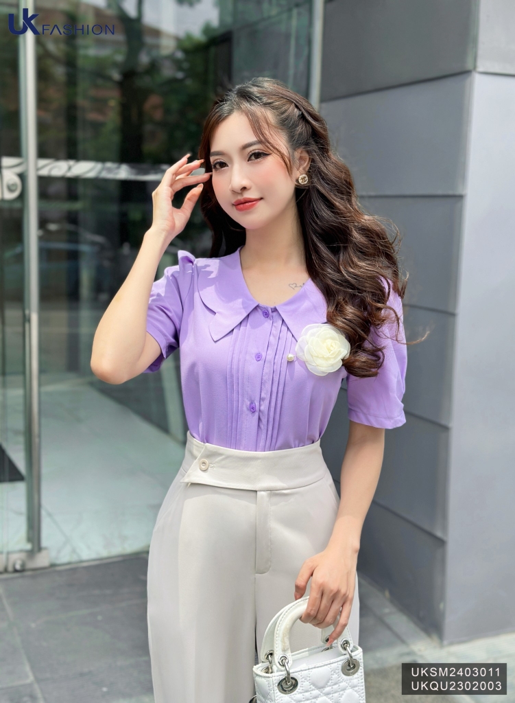 Áo Sơ Mi Bấu Mí Cổ Cách Điệu UK Fashion Công Sở Nữ Thanh Lịch Vải Mềm Mịn UKSM2403011