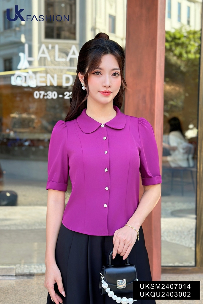 Áo Sơ Mi Cổ Sen 7 Mảnh Cúc Hoa UK Fashion Công Sở Nữ Thanh Lịch, Vải Mềm Mịn UKSM2407014