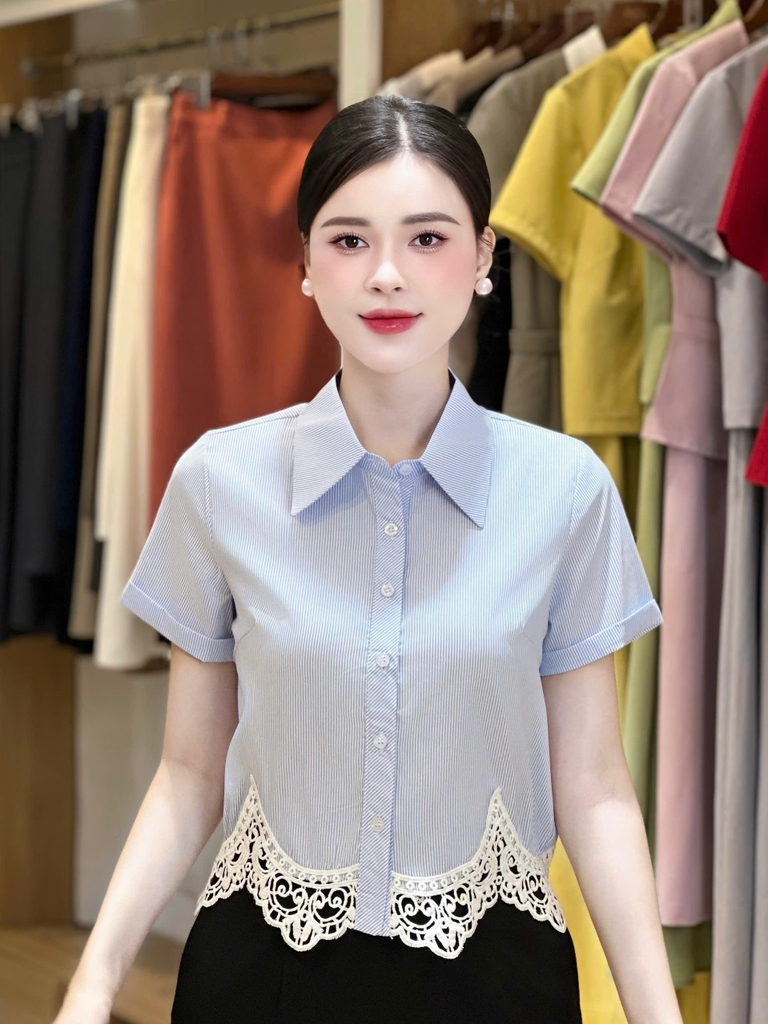 Sơ mi cộc tay ren gấu kiểu điệu đẹp UKSM2507011