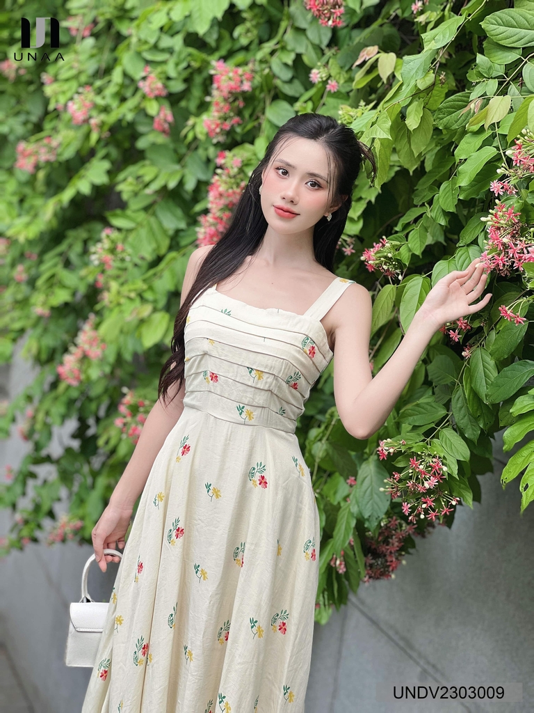 Váy Đầm Nữ 2 Dây Xếp Thân Mix Họa Tiết Bắt Mắt Thích Hợp Dạo Chơi Đi Biển UNDV2303009