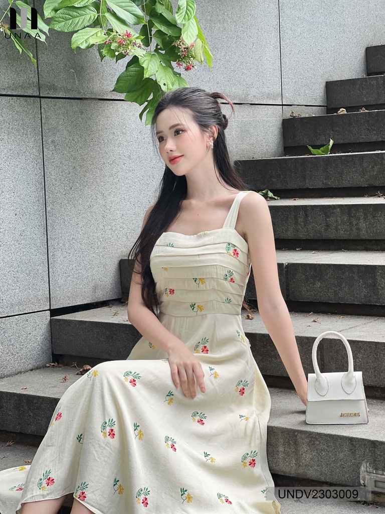 Váy Đầm Nữ 2 Dây Xếp Thân Mix Họa Tiết Bắt Mắt Thích Hợp Dạo Chơi Đi Biển UNDV2303009